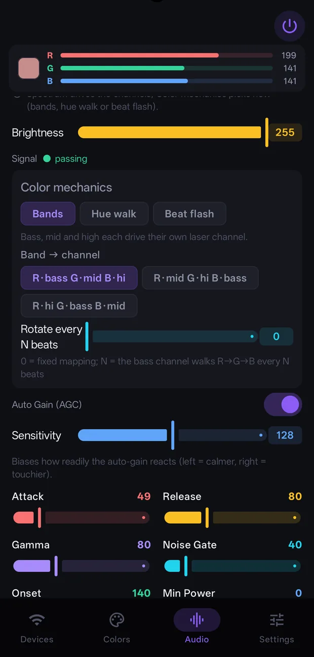 Pro RGB mode: color mechanics, signal indicator, advanced controls.