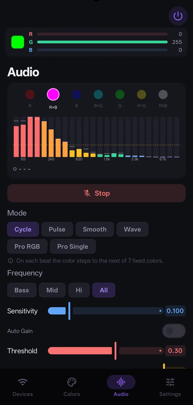 Audio tab: modes, spectrum, beat indicator, Start button.