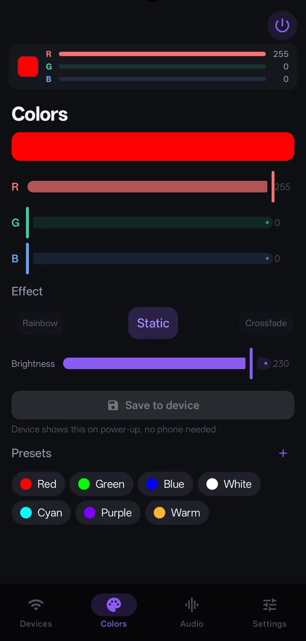 Colors tab: RGB sliders, effect selector, brightness, presets.